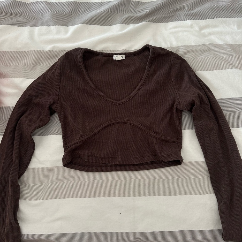 V-Neck Long Sleeve Brown Top
